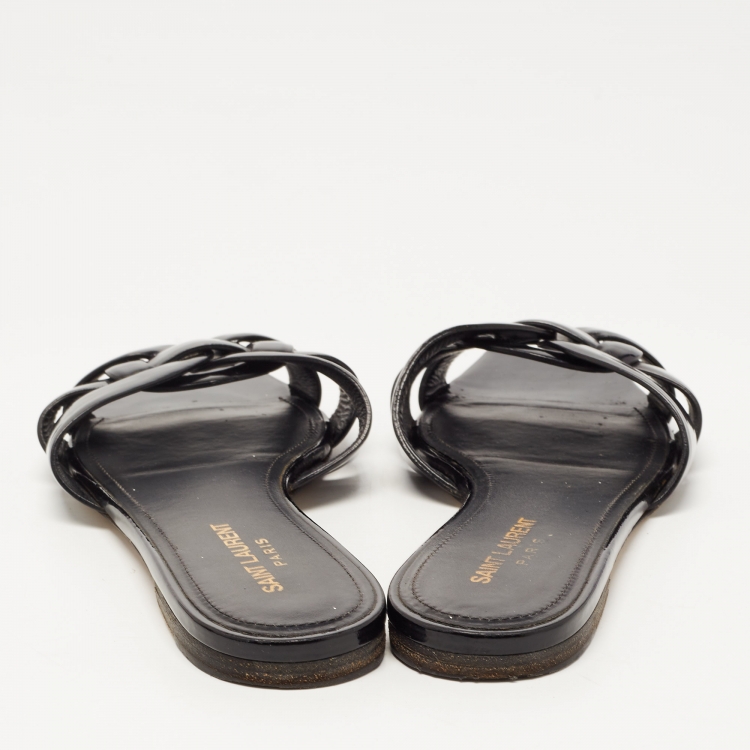 Pre Owned Saint Laurent Black Patent Leather Tribute Flat Slides Size 39