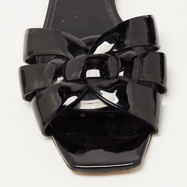Pre Owned Saint Laurent Black Patent Leather Tribute Flat Slides Size 39