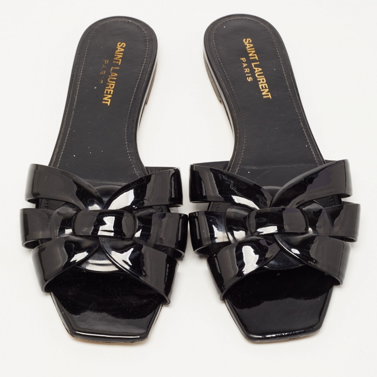 Pre Owned Saint Laurent Black Patent Leather Tribute Flat Slides Size 39