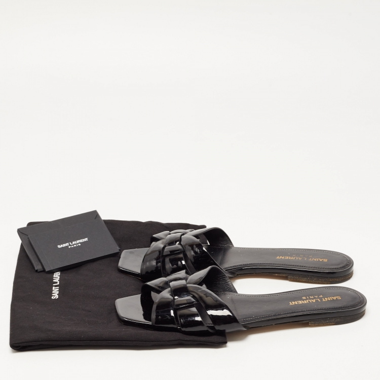 Pre Owned Saint Laurent Black Patent Leather Tribute Flat Slides Size 39