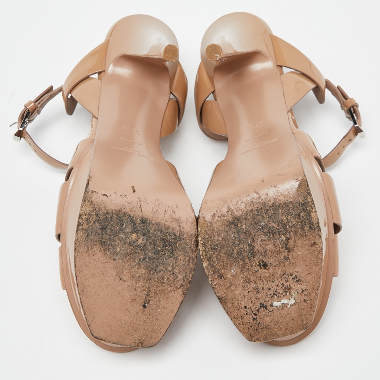 Pre Owned Saint Laurent Beige Patent Leather Tribute Sandals Size 37.5