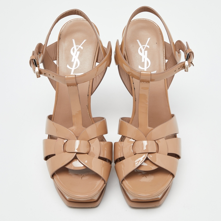 Pre Owned Saint Laurent Beige Patent Leather Tribute Sandals Size 37.5