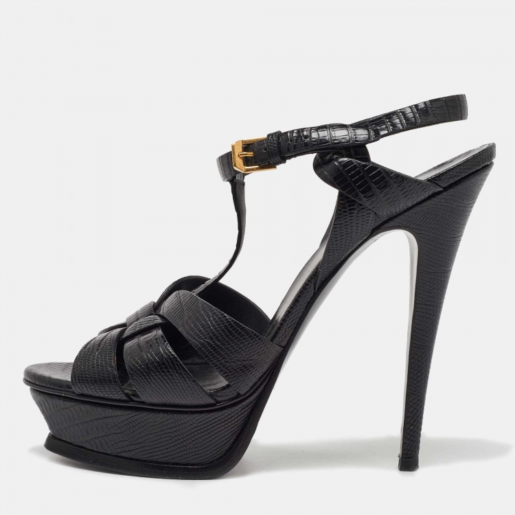 Saint Laurent Black Lizard Embossed Leather Tribute Platform Sandals ...