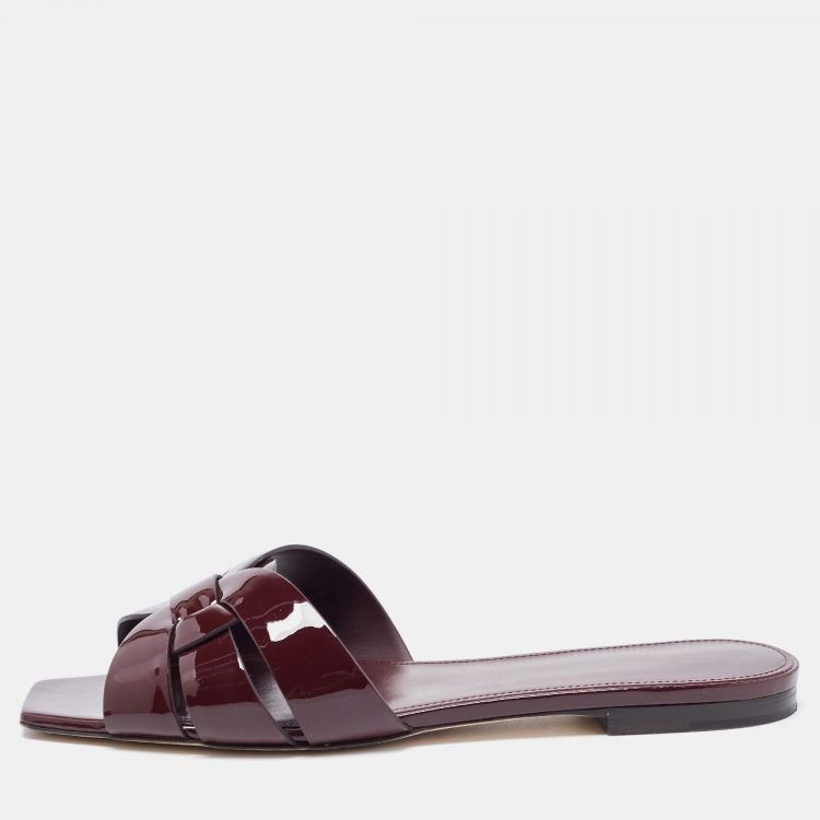 مملوكة مسبقًا Saint Laurent Burgundy Patent Leather Tribute Flat Slides Size 40