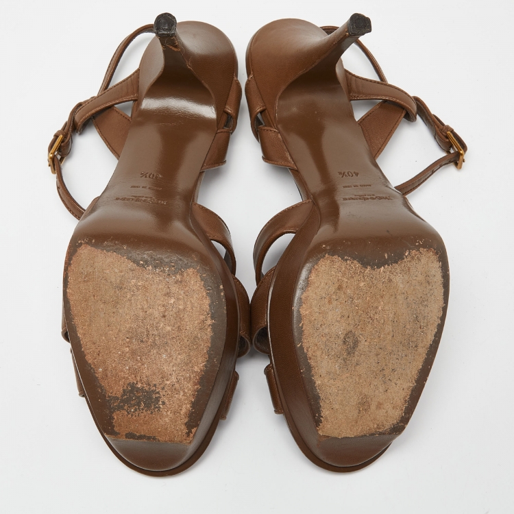 Pre Owned Saint Laurent  Brown Tribute Ankle Strap Sandals Size 40.5