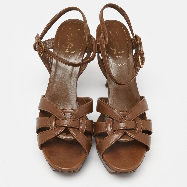 Pre Owned Saint Laurent  Brown Tribute Ankle Strap Sandals Size 40.5