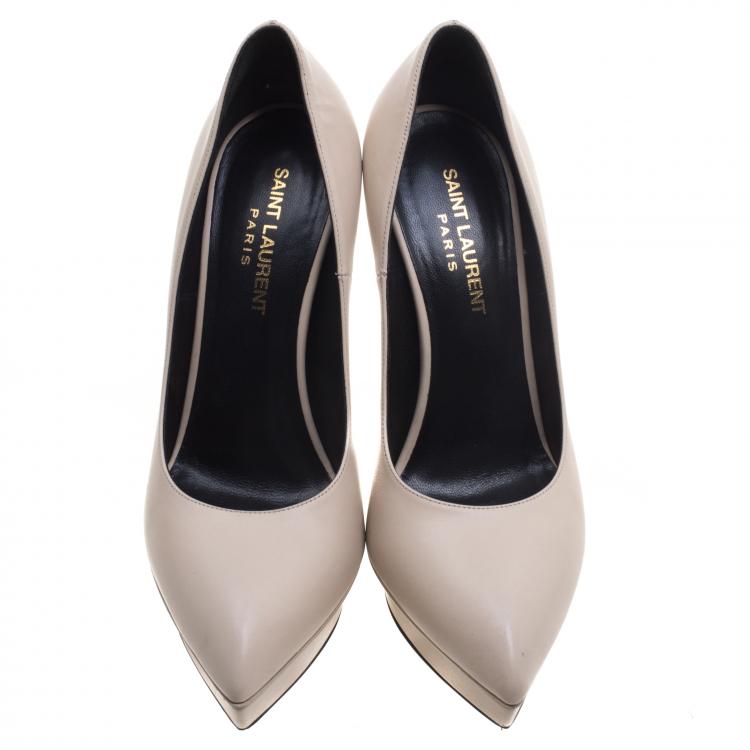 Pre Owned Saint Laurent Paris Cream Leather Janis 105 Platform Pumps Size 37