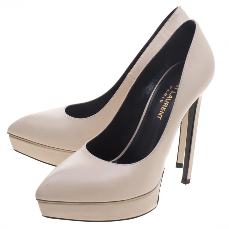 Pre Owned Saint Laurent Paris Cream Leather Janis 105 Platform Pumps Size 37