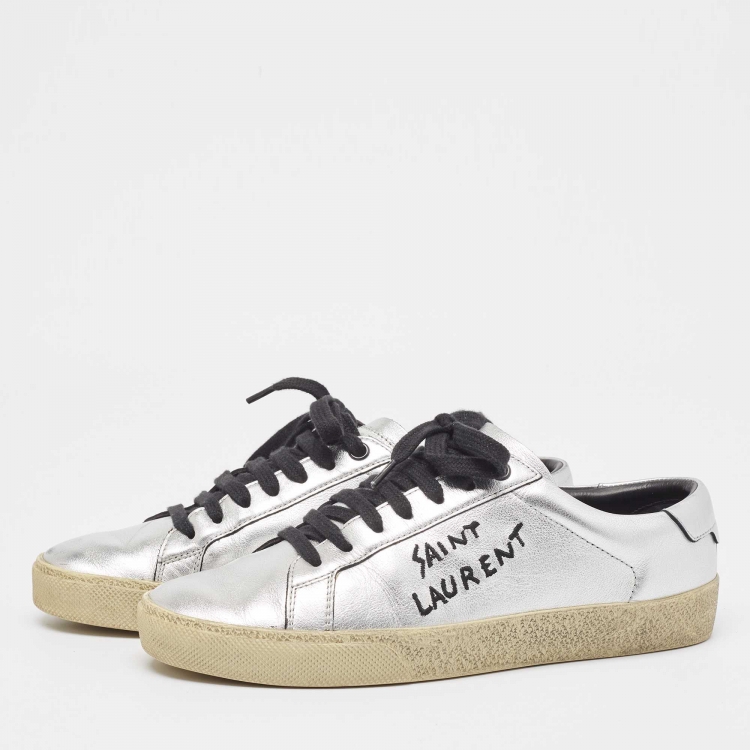 Pre Owned Saint Laurent Silver Leather Court Classic SL/06 Sneakers Size 37