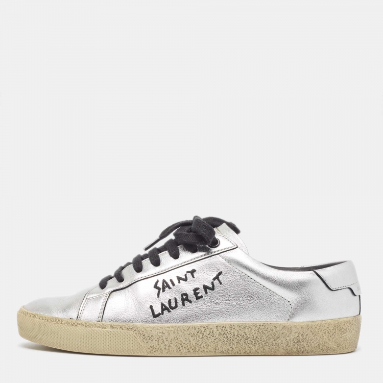 Pre Owned Saint Laurent Silver Leather Court Classic SL/06 Sneakers Size 37