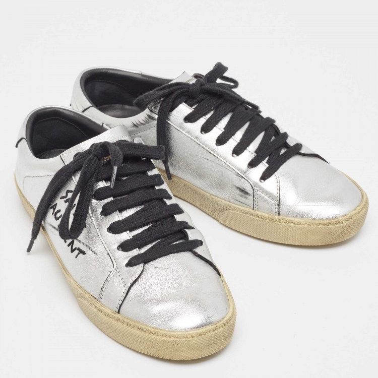 Pre Owned Saint Laurent Silver Leather Court Classic SL/06 Sneakers Size 37