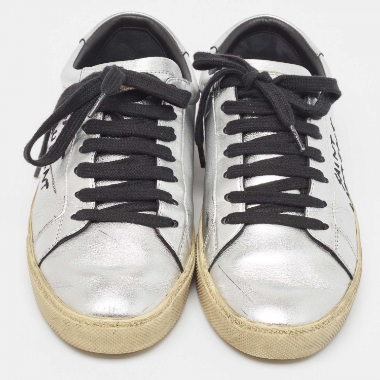 Pre Owned Saint Laurent Silver Leather Court Classic SL/06 Sneakers Size 37