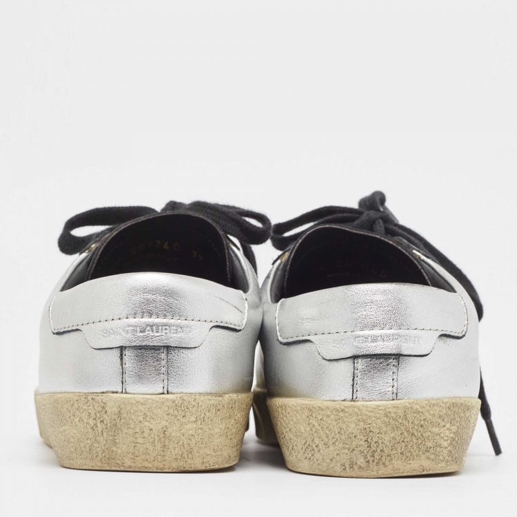 Pre Owned Saint Laurent Silver Leather Court Classic SL/06 Sneakers Size 37