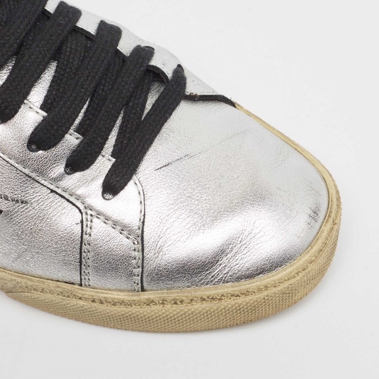 Pre Owned Saint Laurent Silver Leather Court Classic SL/06 Sneakers Size 37