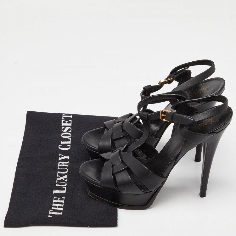 Pre Owned Saint Laurent Black Leather Tribute Ankle Strap Sandals Size 38