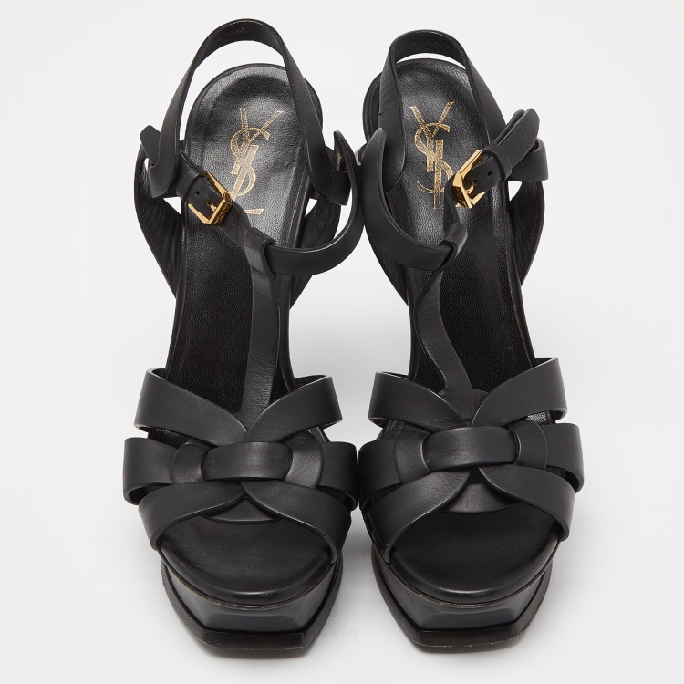 Pre Owned Saint Laurent Black Leather Tribute Ankle Strap Sandals Size 38