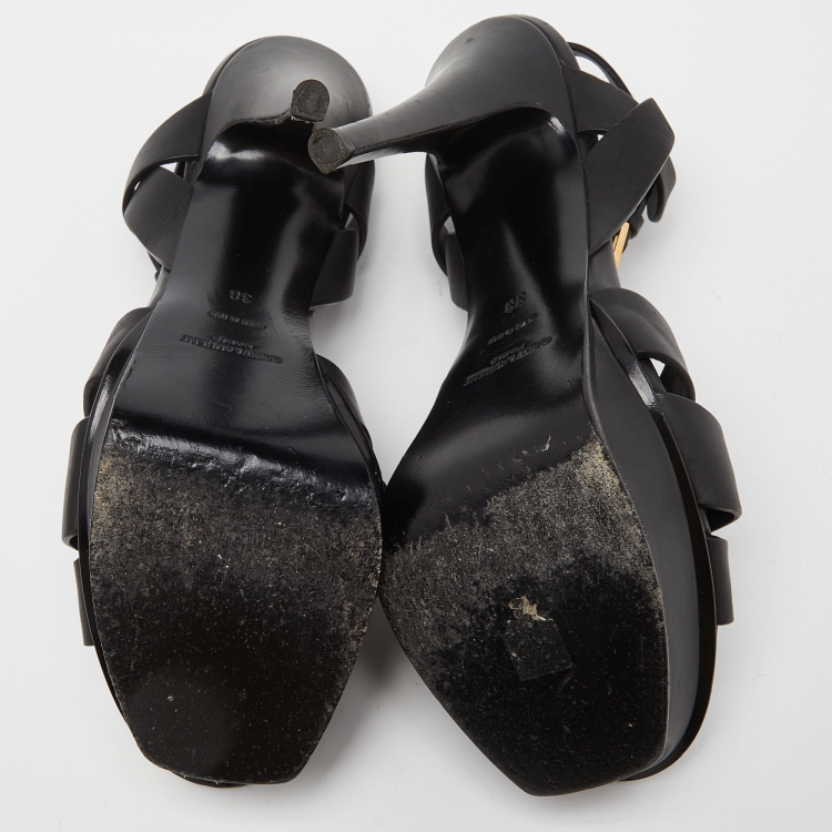 Pre Owned Saint Laurent Black Leather Tribute Ankle Strap Sandals Size 38