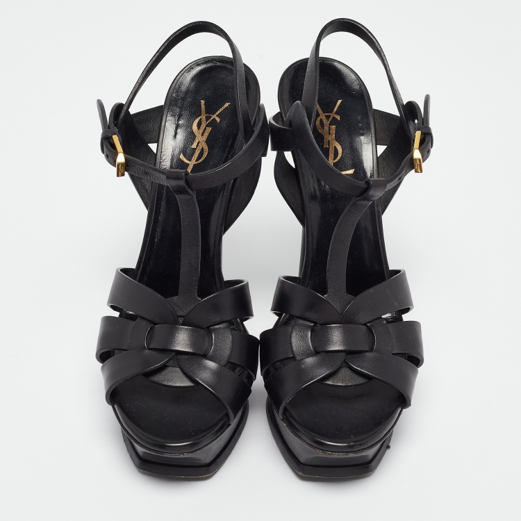 Pre Owned Saint Laurent Black Leather Tribute Sandals Size 38