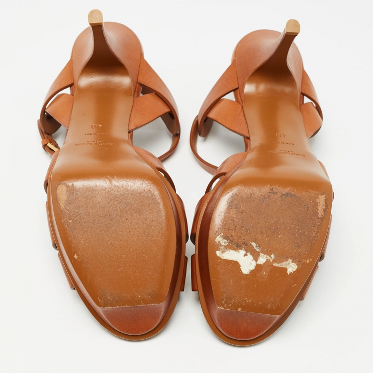 Pre Owned Saint Laurent Brown Leather Tribute Sandals Size 40