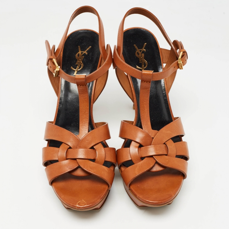 Pre Owned Saint Laurent Brown Leather Tribute Sandals Size 40