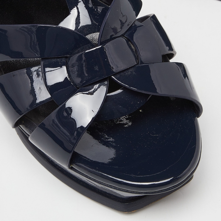 Pre Owned Saint Laurent Blue Patent Leather Tribute Platform Sandals Size 39