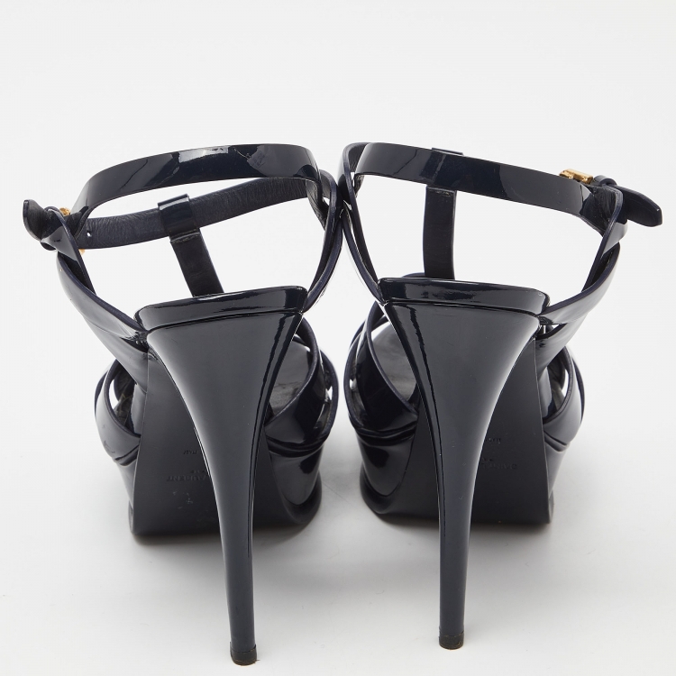 Pre Owned Saint Laurent Blue Patent Leather Tribute Platform Sandals Size 39