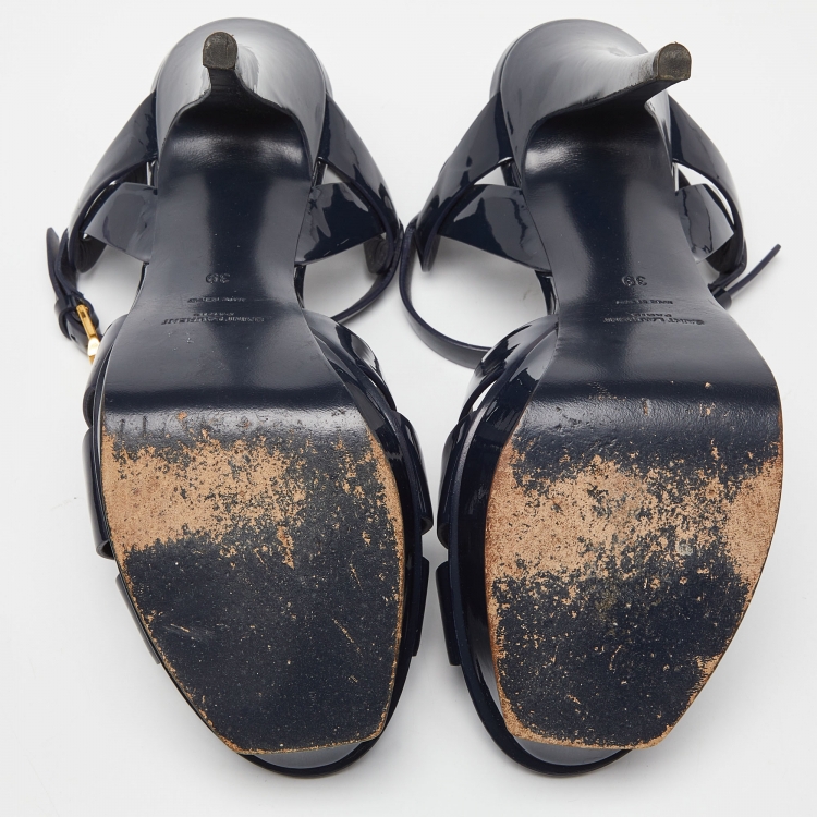 Pre Owned Saint Laurent Blue Patent Leather Tribute Platform Sandals Size 39