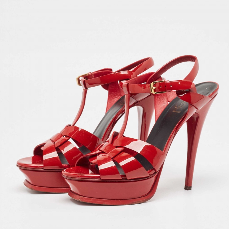 Pre Owned Saint Laurent Red Patent Leather Tribute Platform Ankle Strap Sandals Size 38.5