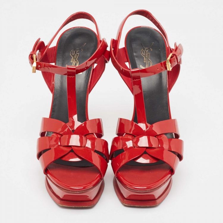 Pre Owned Saint Laurent Red Patent Leather Tribute Platform Ankle Strap Sandals Size 38.5