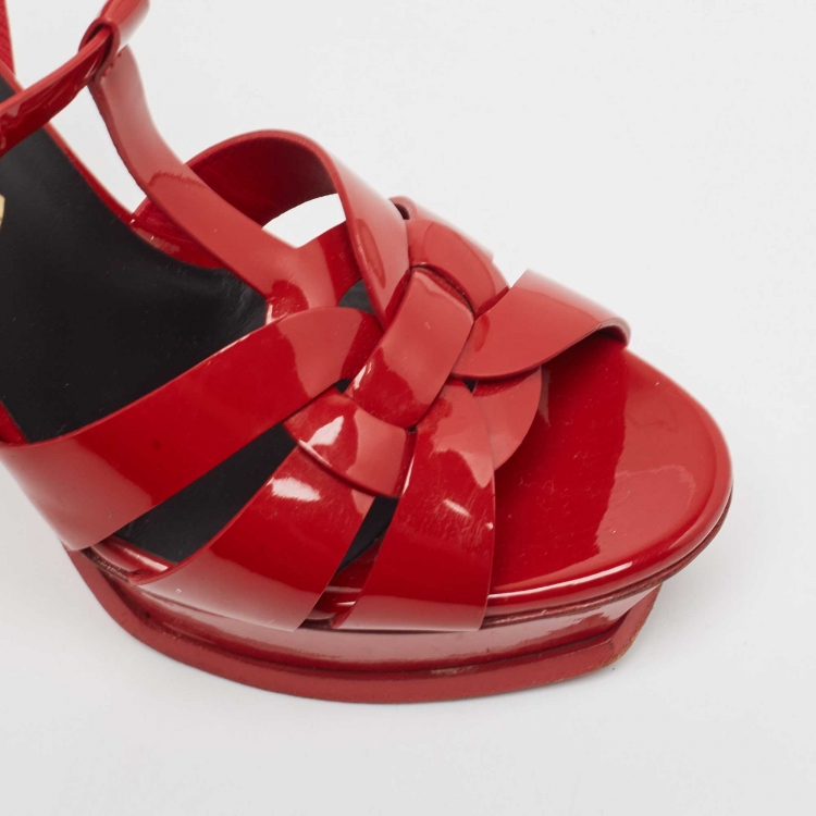 Pre Owned Saint Laurent Red Patent Leather Tribute Platform Ankle Strap Sandals Size 38.5