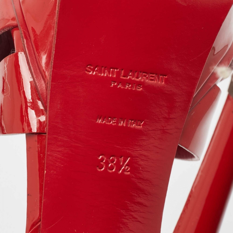 Pre Owned Saint Laurent Red Patent Leather Tribute Platform Ankle Strap Sandals Size 38.5