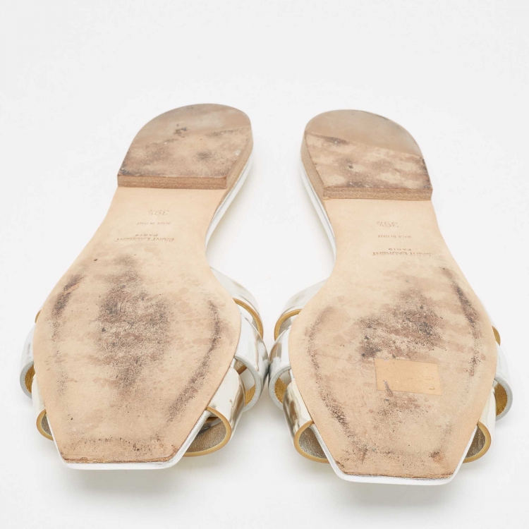 مملوكة مسبقًا Saint Laurent Silver/Gold Patent Leather Tribute Slide Flats Size 39.5
