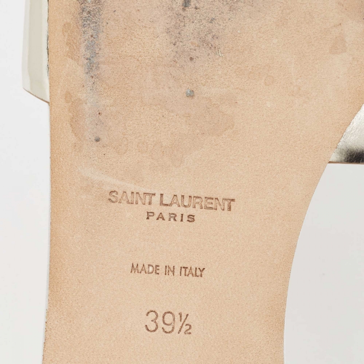 مملوكة مسبقًا Saint Laurent Silver/Gold Patent Leather Tribute Slide Flats Size 39.5