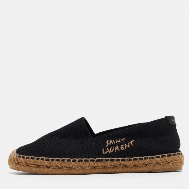 Pre Owned Saint Laurent Black Canvas Embroidered Logo Espadrille Flats Size 39
