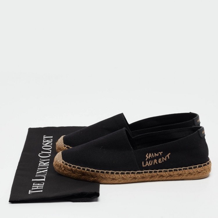Pre Owned Saint Laurent Black Canvas Embroidered Logo Espadrille Flats Size 39