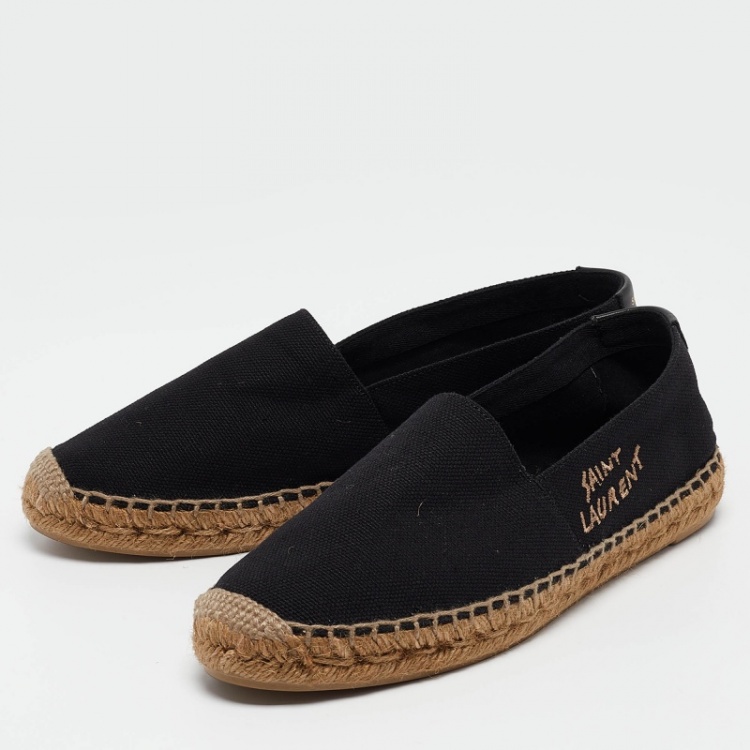 Pre Owned Saint Laurent Black Canvas Embroidered Logo Espadrille Flats Size 39