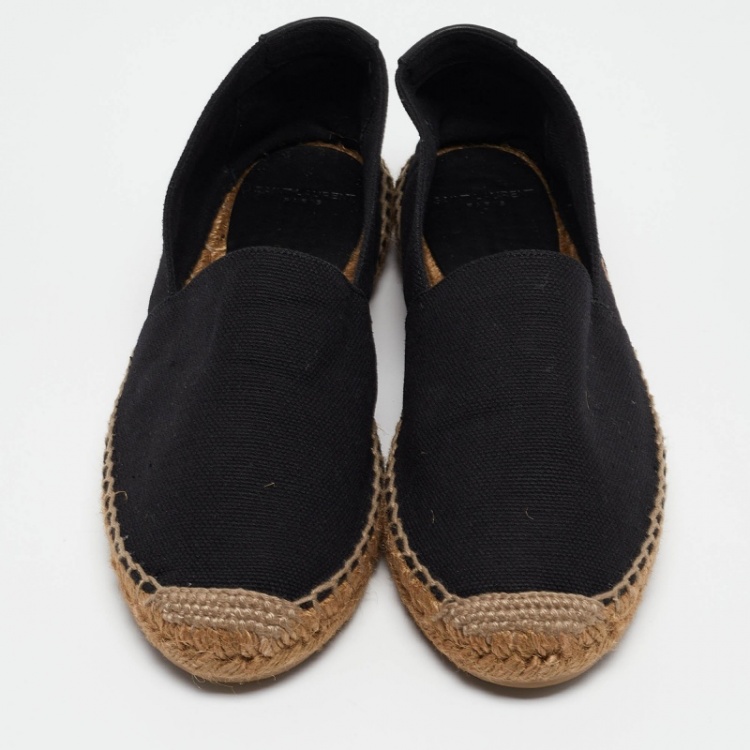 Pre Owned Saint Laurent Black Canvas Embroidered Logo Espadrille Flats Size 39