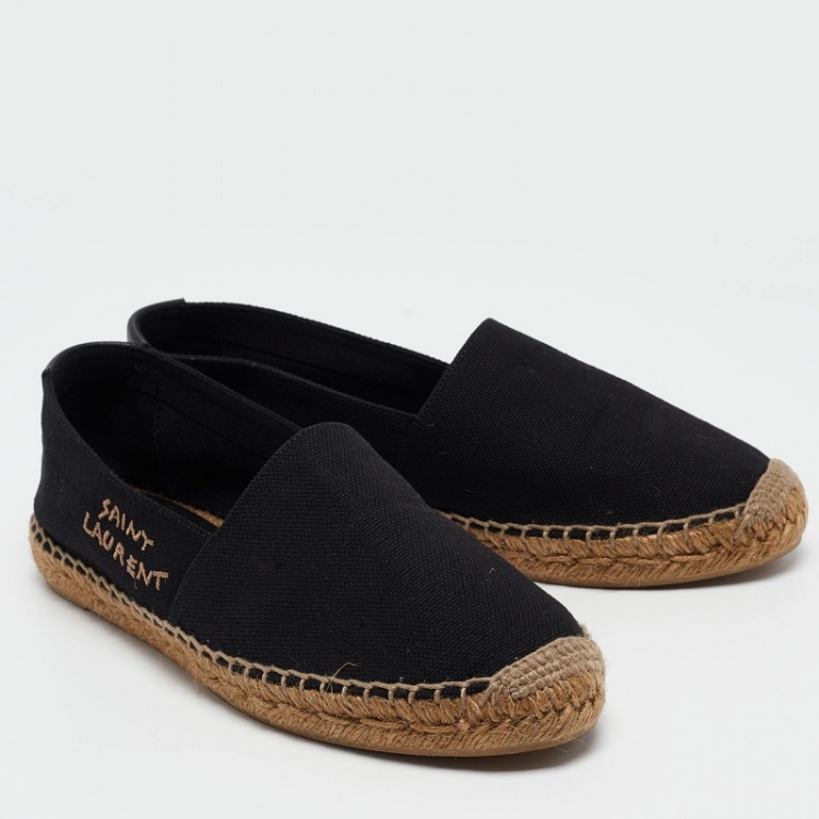 Pre Owned Saint Laurent Black Canvas Embroidered Logo Espadrille Flats Size 39