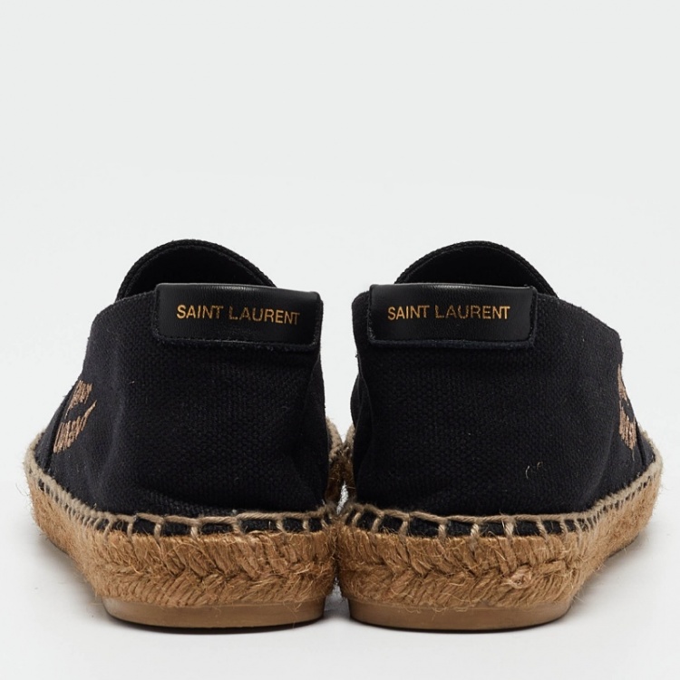 Pre Owned Saint Laurent Black Canvas Embroidered Logo Espadrille Flats Size 39