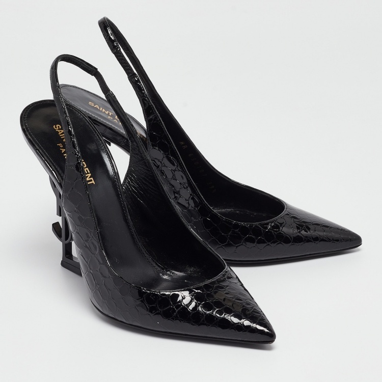 Pre Owned Saint Laurent Black Croc Embossed Patent Leather Opyum Pumps Size 39.5