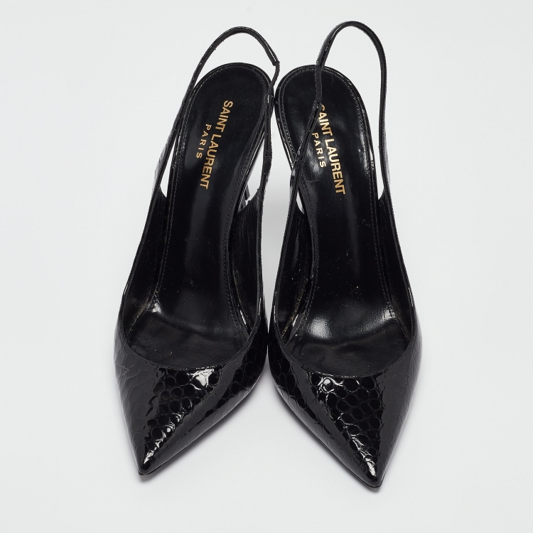 Pre Owned Saint Laurent Black Croc Embossed Patent Leather Opyum Pumps Size 39.5