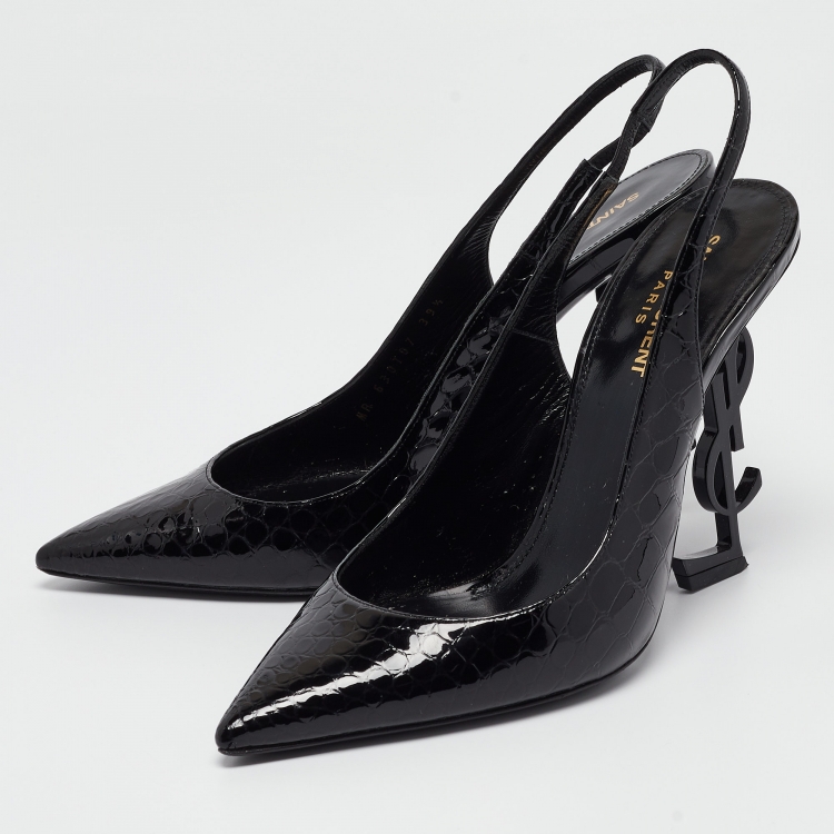 Pre Owned Saint Laurent Black Croc Embossed Patent Leather Opyum Pumps Size 39.5