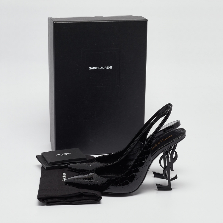Pre Owned Saint Laurent Black Croc Embossed Patent Leather Opyum Pumps Size 39.5