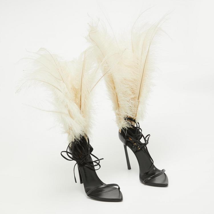 Pre Owned Saint Laurent Paris Black/White Leather and Feather Iris Ankle Wrap Sandals Size 39