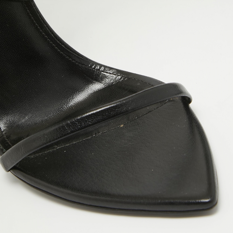 Pre Owned Saint Laurent Paris Black/White Leather and Feather Iris Ankle Wrap Sandals Size 39