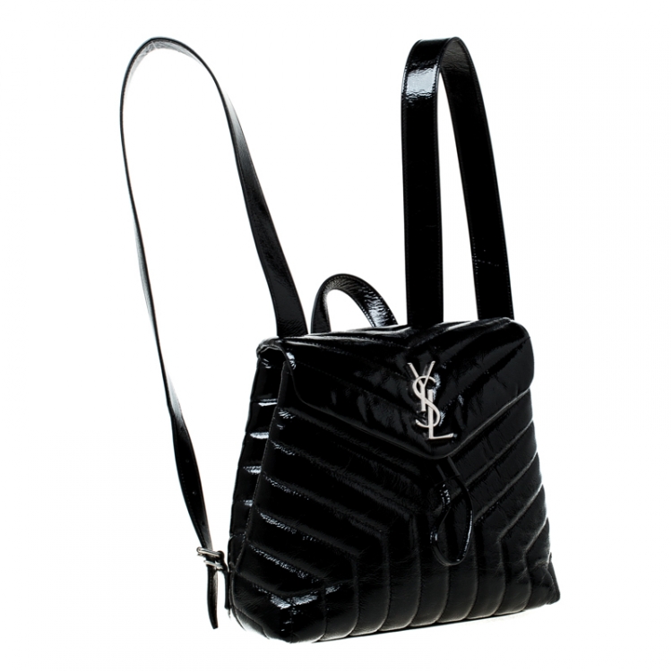 Pre Owned Saint Laurent Paris Black Matelasse Patent Leather LouLou Backpack