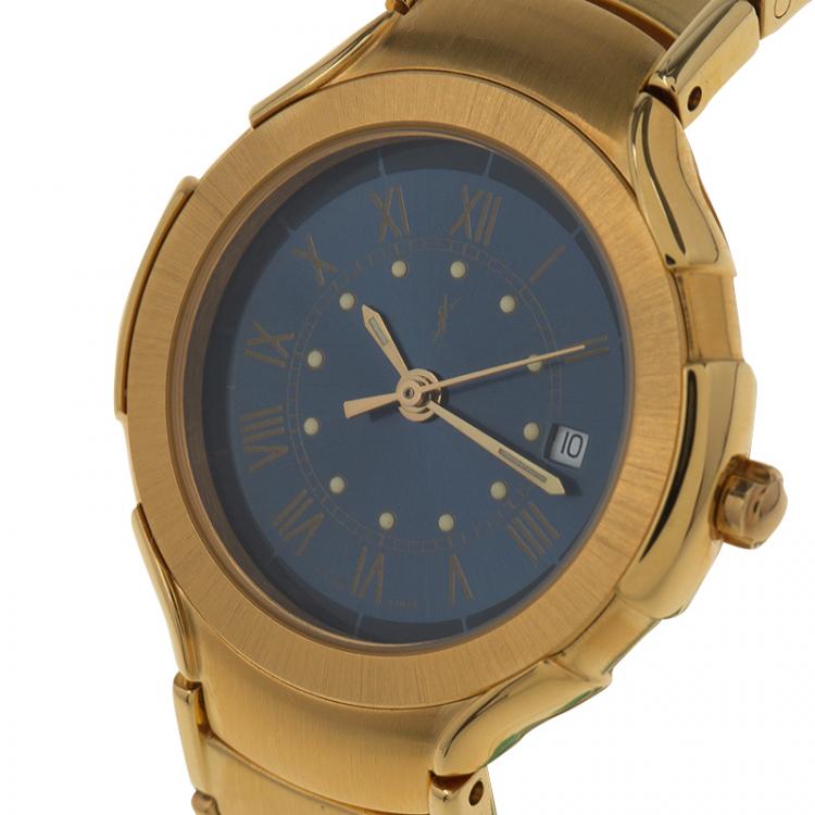 Pre Owned Saint Laurent Paris Blue Gold-Plated Stainless Steel Classic Women's Wristwatch 28MM
