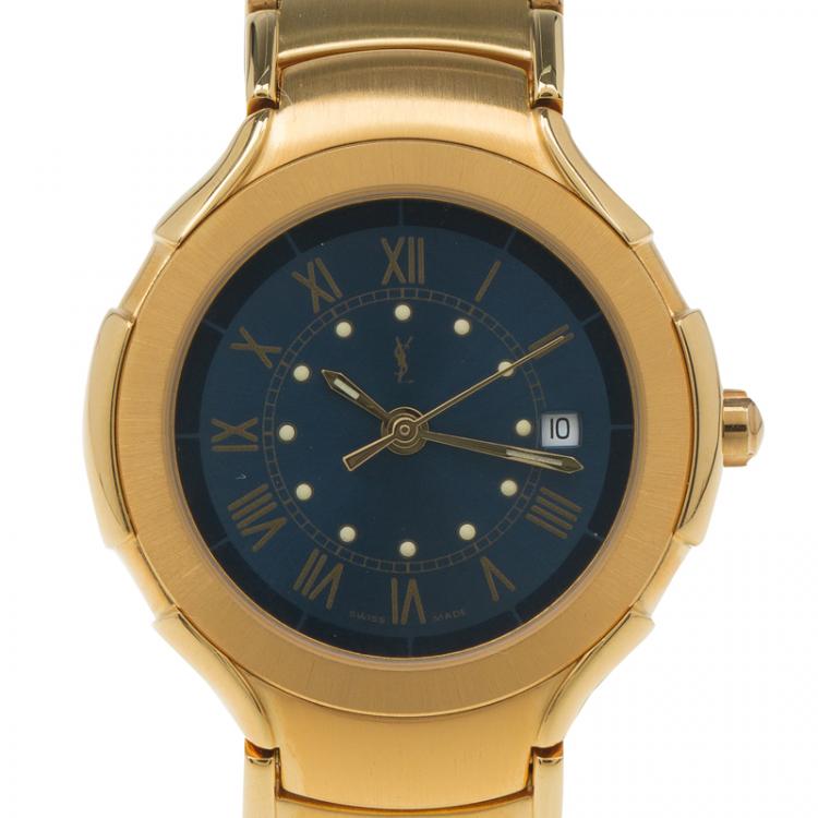 Pre Owned Saint Laurent Paris Blue Gold-Plated Stainless Steel Classic Women's Wristwatch 28MM