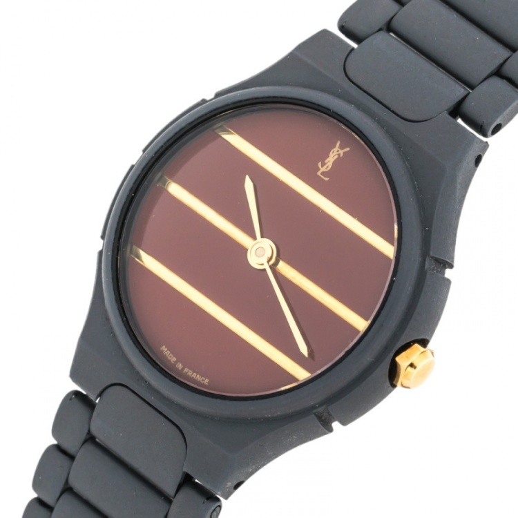 Pre Owned Saint Laurent Paris Red Grey PVD Coated Stainless Steel Classic Women's Wristwatch 24 mm