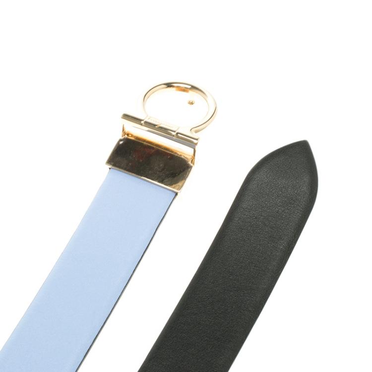 Pre Owned Salvatore Ferragamo Sky Blue/Black Leather Reversible Single Gancini Belt 85 CM